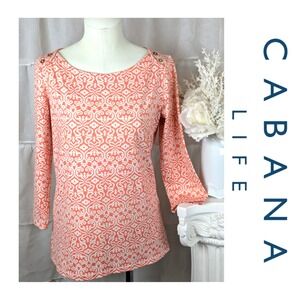 CABANA LIFE Rashguard Orange White 3/4 Sleeve Boat Neck Top Size L